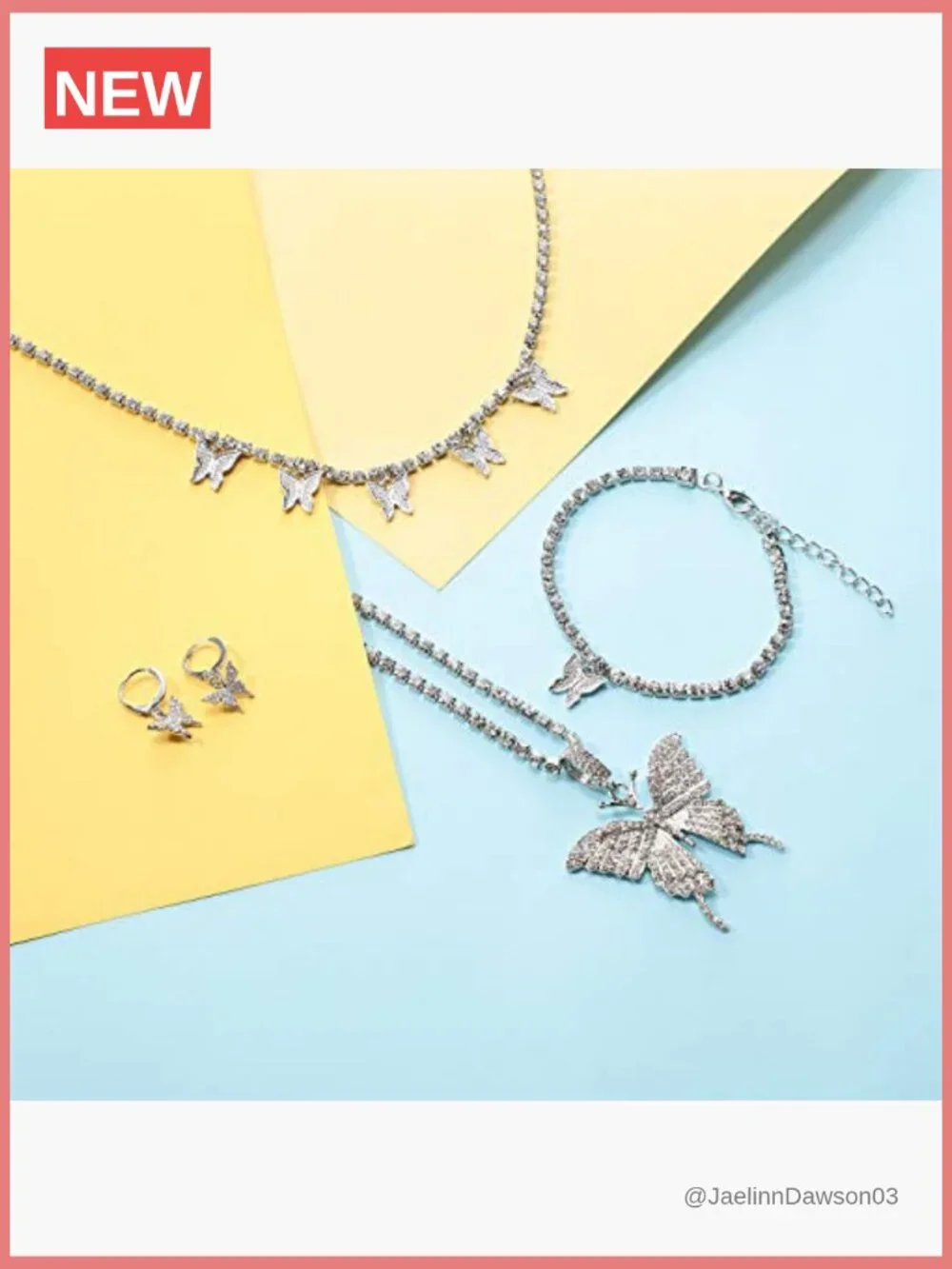 Big Butterfly Pendant Necklace Set with Earrings Bracelet CZ Rhinestone Choker